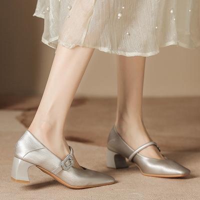 H759-6 silberne Mary Jane High Heels kleiner duftender Satin mit quadratischer Spitze, Blockabsatz Damenschuhe Strass Frühling und Sommer