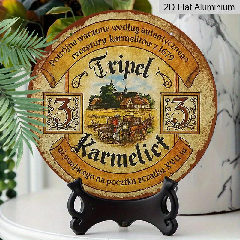 2D Flat, 1pc Vintage Polish Tripel Karmelit Beer Sign - Round Aluminum Metal Wall Art Plaque with Polish Text and Beer Brand, Rustic Farmhouse Decor