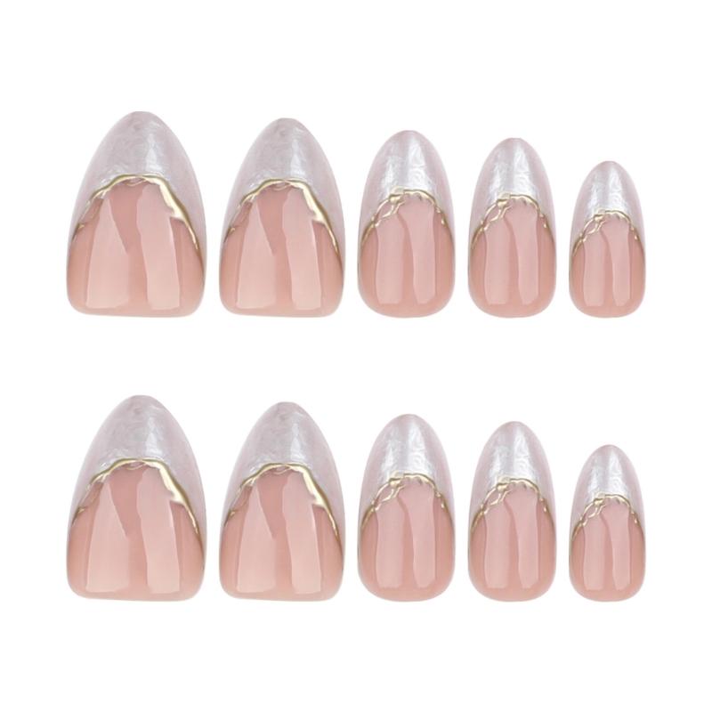 24 Pieces Short Almond Shape Press On Nail Glossy White French Tips with 3D Gold Line Decoration Artificial Nail