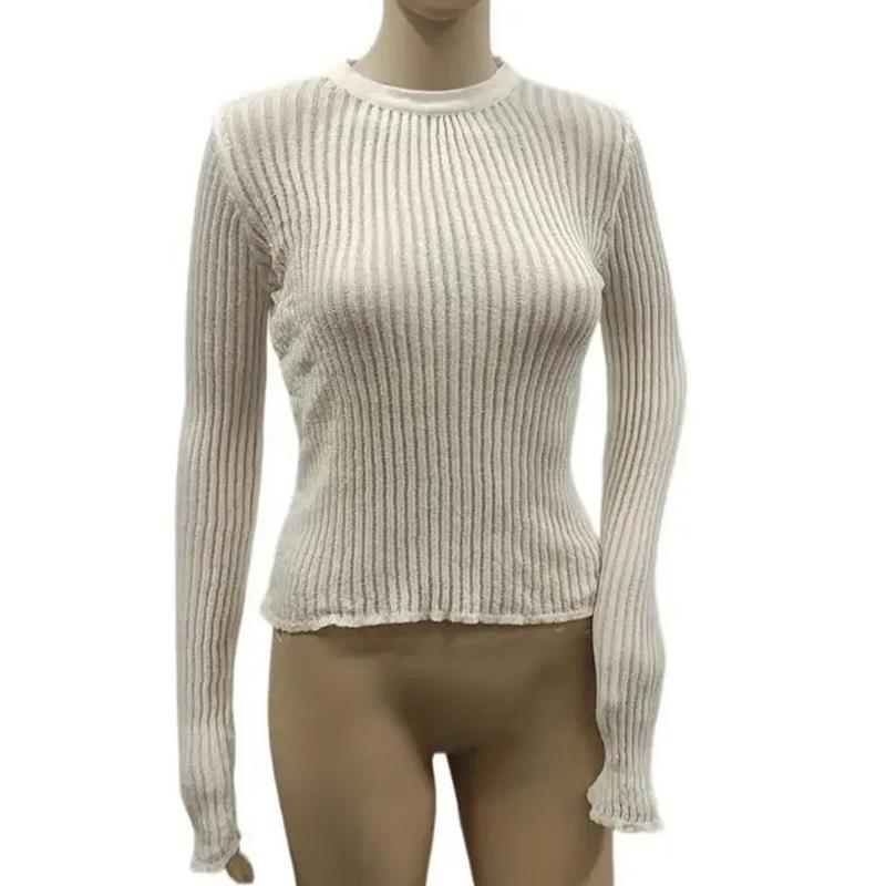 Frühling Sommer Gestrickte Pullover Frauen Dünne Atmungsaktive Langarm Koreanische T Shirt Weibliche Perspektive Strickwaren Tops Elegante 30405