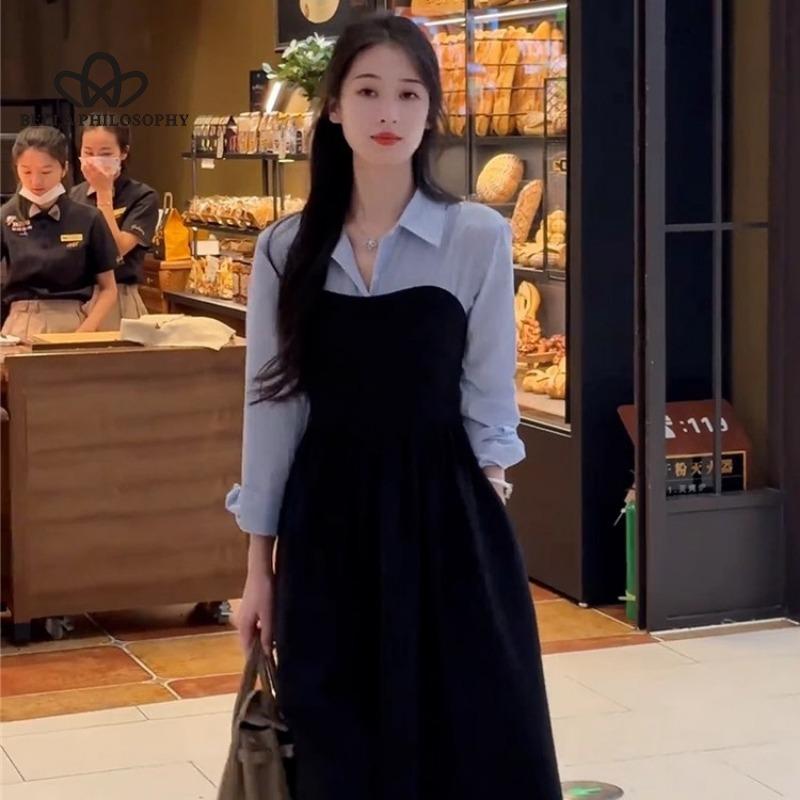 Šití klopa Šaty s dlouhým rukávem Dámské předjaří Nové Košile s úzkým pasem Šaty zeštíhlující hongkongský styl Elegantní dlouhé šaty