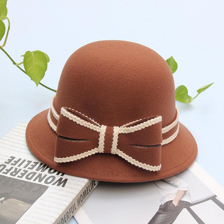 Retro Bow Woolen Hat Women's Autumn and Winter Warm Fashion Top Hat British Bucket Hat