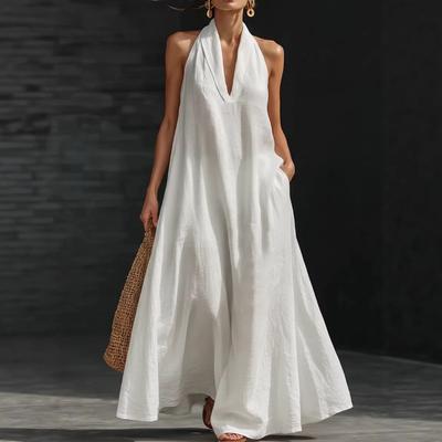 Eleganti Abiti Larghi con Scollo a V Estivi Donna 2026 Nuovo Collo Appeso Lungo Festa Vacanza Abito a Linea ad A Donna Street Chic Gioventù Abito Moda Largo