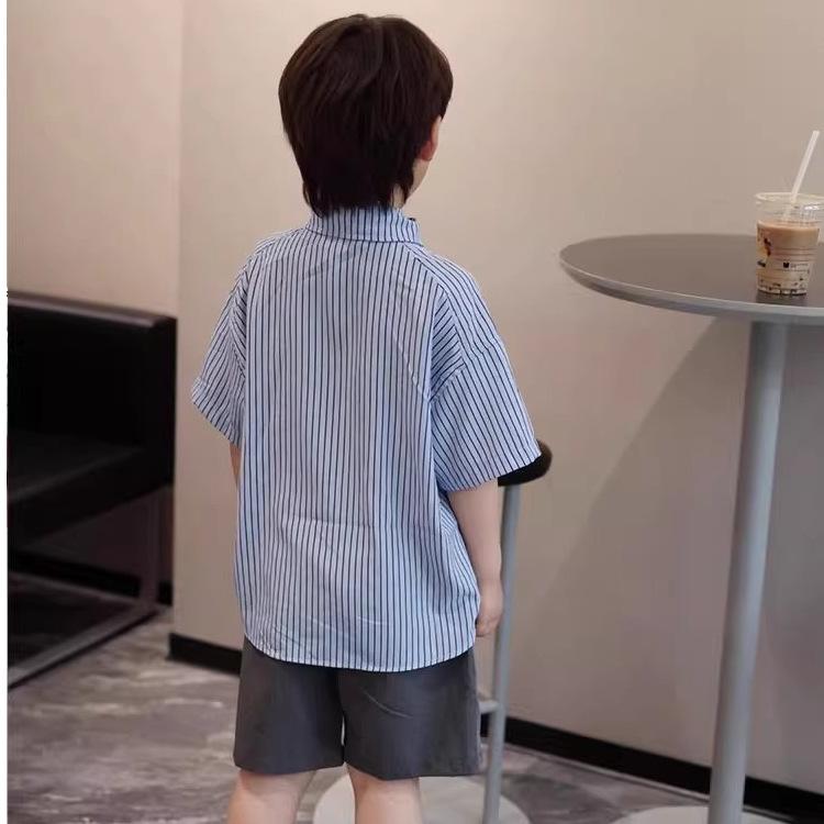 Boys Summer Striped Short Sleeve Shirt Preppy Casual Dress Shirt