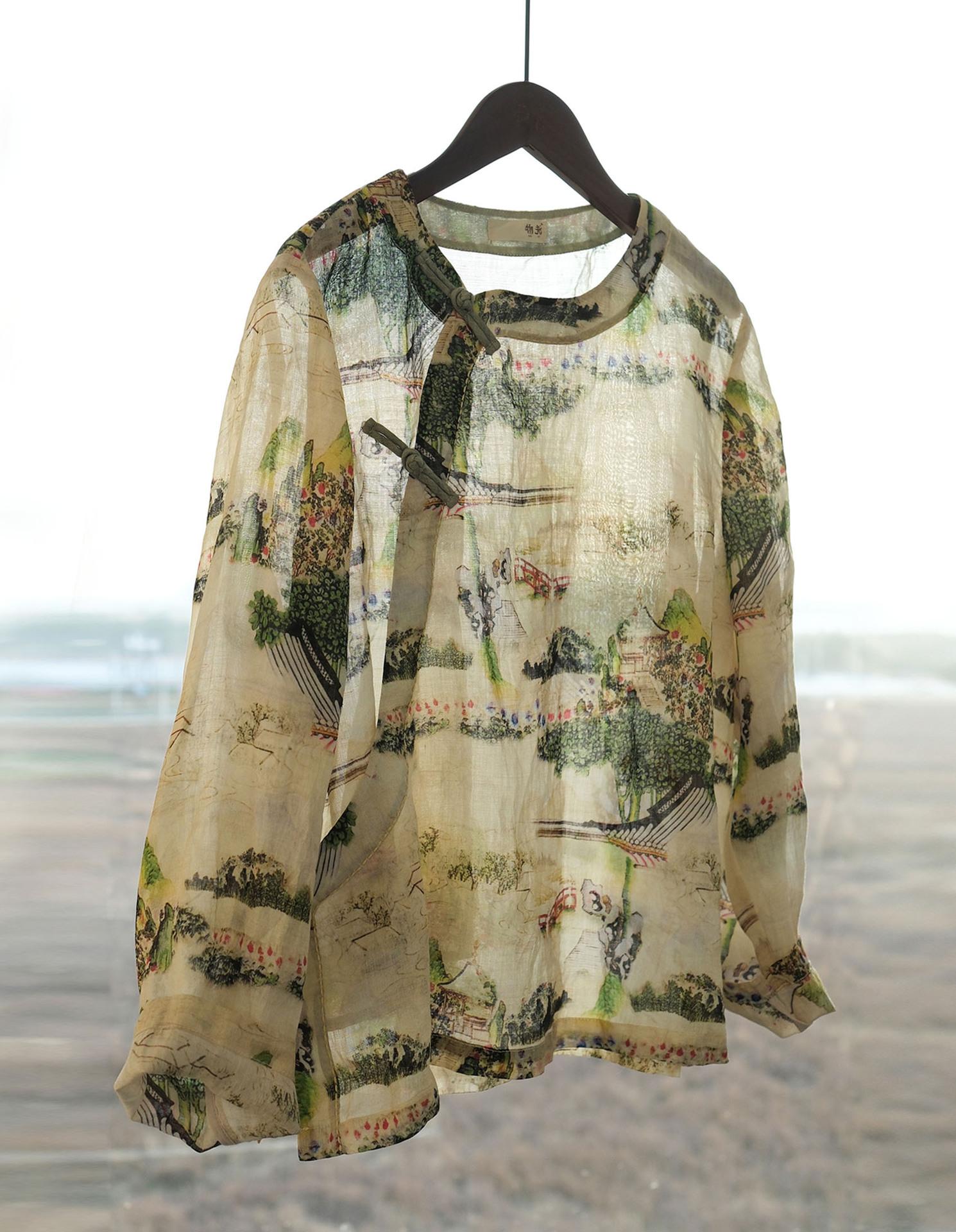 

Johnature женские винтажные рубашки с цветочным принтом, топы, зеленые весенние блузки Ramie, женские рубашки с длинными рукавами One Size зелёный