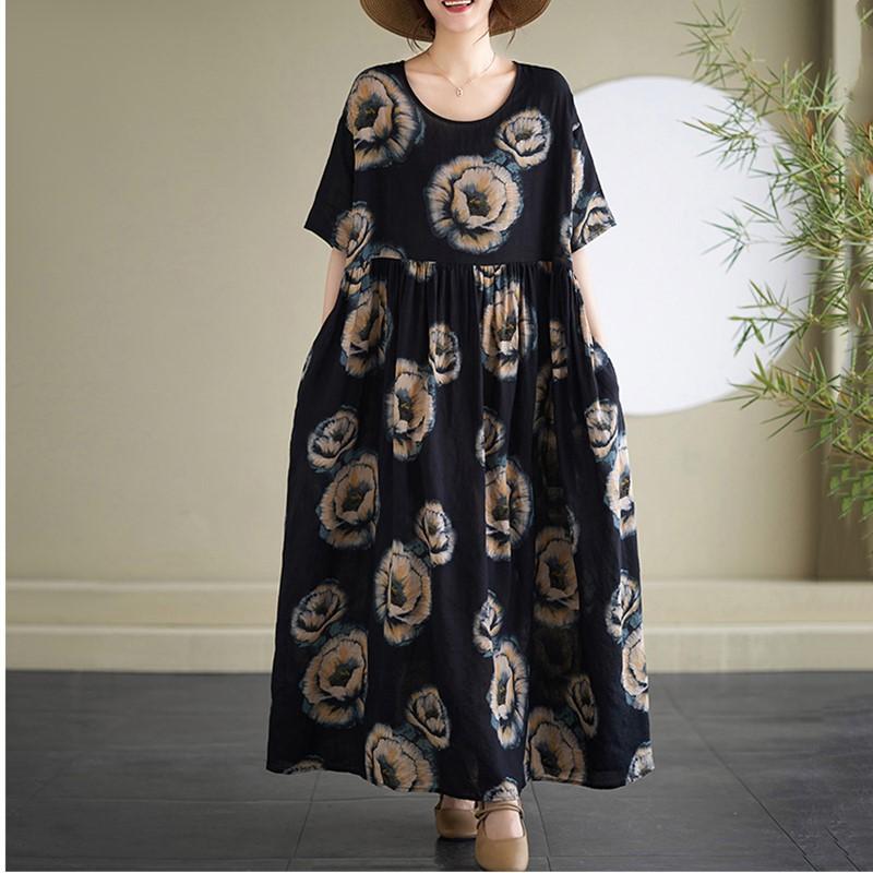 Kortärmad Plus size bomull vintage blommig ny i klänningar för kvinnor avslappnad lös lång sommarklänning