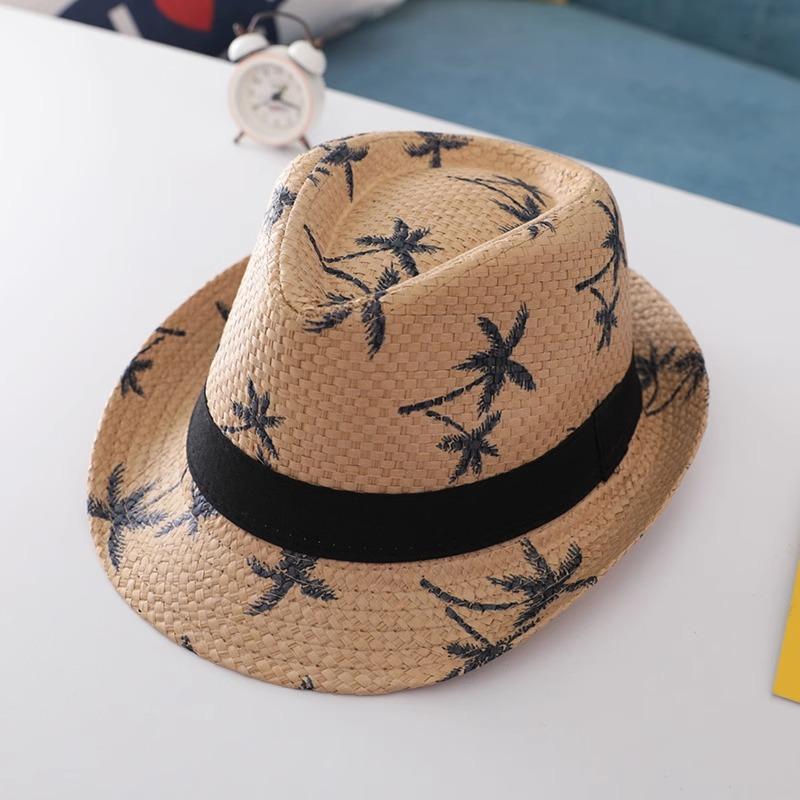 Top Hat Men's Brimmed Straw Hat Jazz Hat Summer Straw Shade Coconut Tree Printed Beach Sunscreen Hat