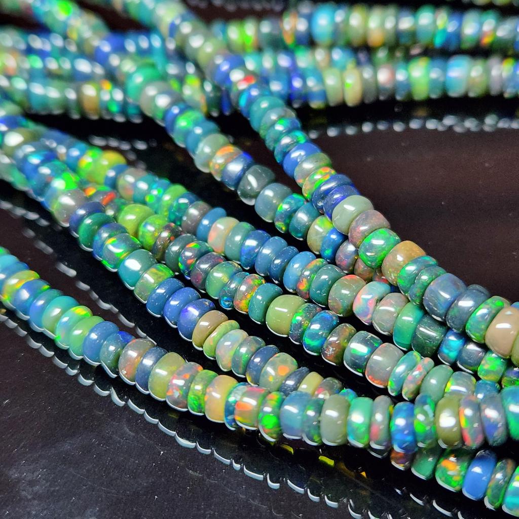 Smooth Polish Rainbow Flashy Rondell Ethiopian Opal Beads, Black Opal strand beads.