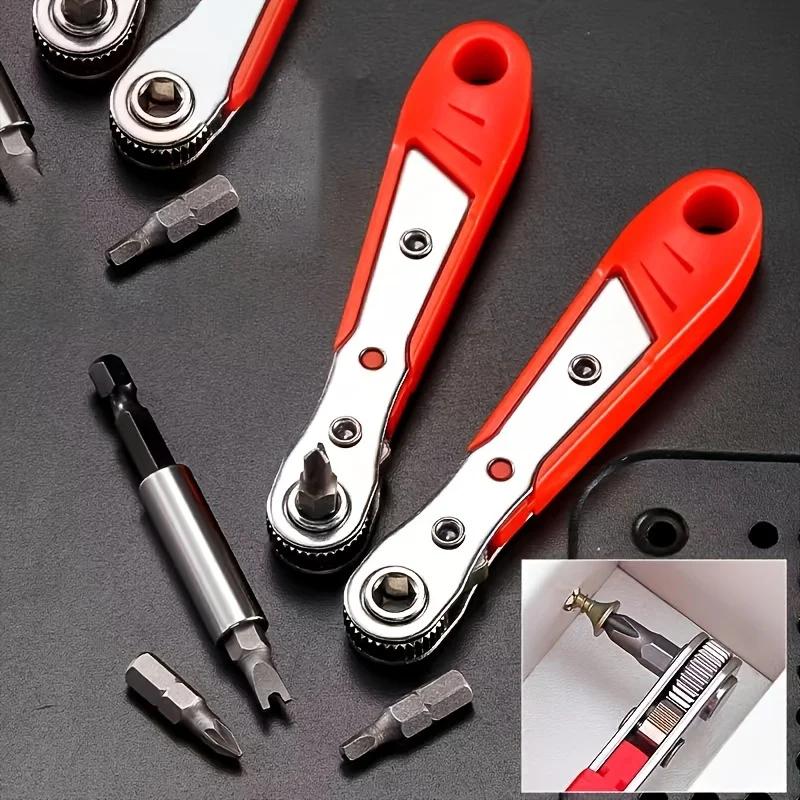 1pc Ratchet Screwdriver with 10 Bits - Narrow Space Handle, Front/Rear & Right Angle Bending, Cross/Flat/Dome Heads