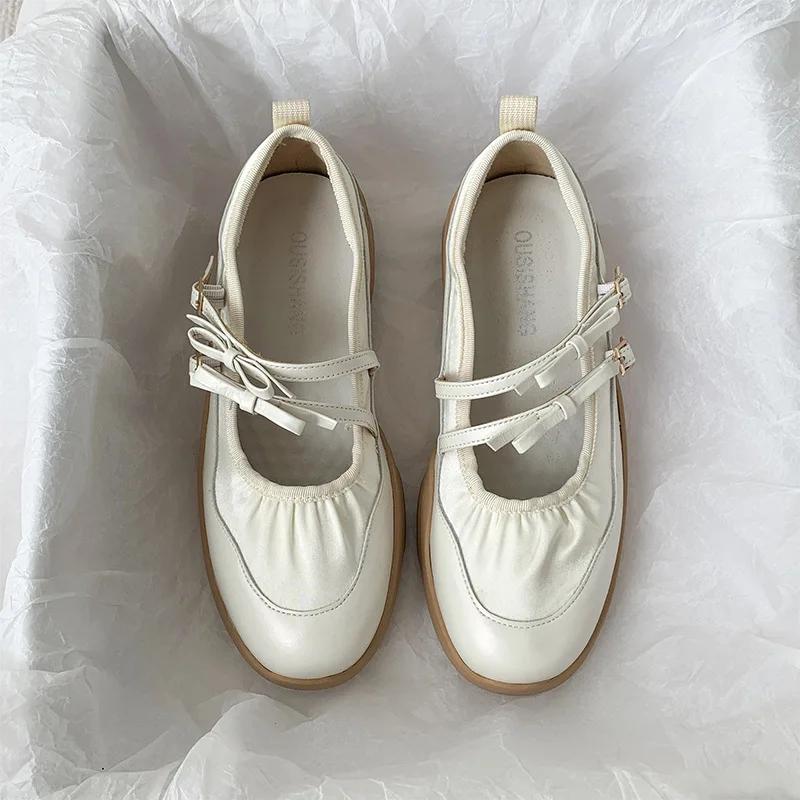 Fashion Silver Mary Jane Women's 2024 New Fashion Bow Belt Buckle Casual Shoes Soft Leather Flat Shoes