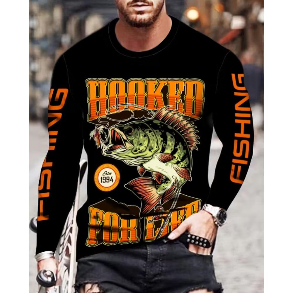 Fashionable Colorful Casual Long Sleeved T-shirt Comfortable Vintage Creative Fishing Big Fish 3d Printed Versatile Loose Men's T-shirt