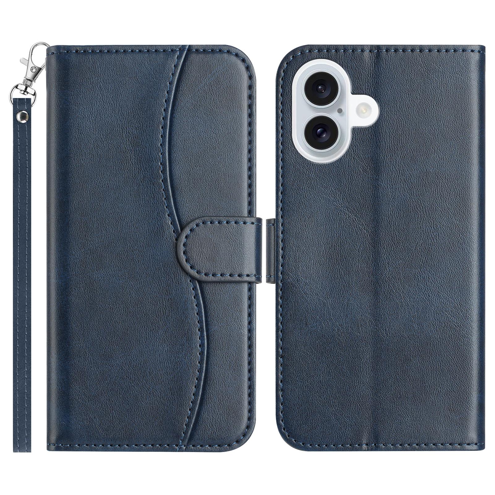 

For iPhone 16 Plus Stand Case with Strap PU Leather Wallet Phone Cover S Shape Stitching Design Navy Blue
