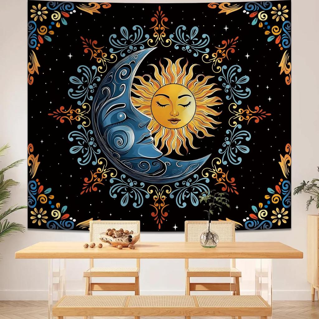 Sun and Moon Tapestry Wall Hanging, Boho Hippie Vintage Celestial Starry Sky Tapestries, Flower and Stars Wall Decor for Bedroom