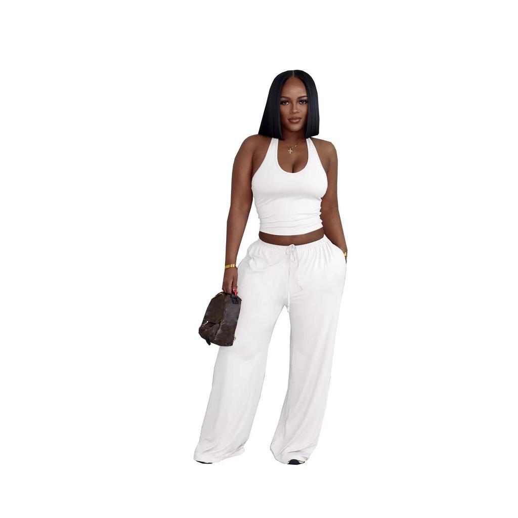 Women's Summer Solid Color Halter Top with High-Waisted Pocket Wide-Leg Pants