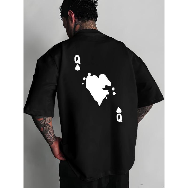 

European Size Men s Queen of Spades & Cards Print T-Shirt - Short Sleeve Round Neck Casual Streetwear Top with Queen, Machine Washable S чёрный