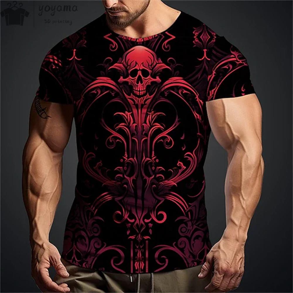 Summer Round Neck 3D Vintage Horror Skull Pattern Print Top Fashionable Casual Short Sleeved Men's T-shirts