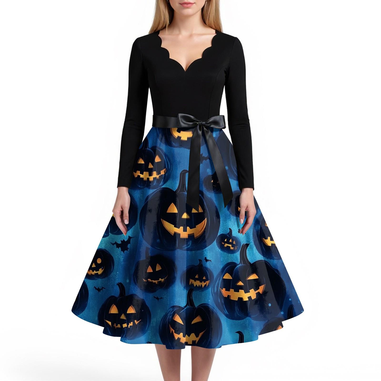 

Женское повседневное и модное платье с V-образным вырезом и длинными рукавами с принтом на Хэллоуин XXXXL синий