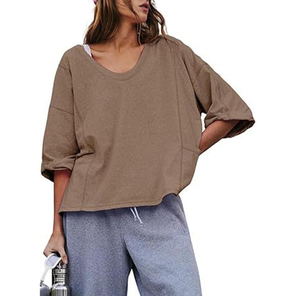 Women's U-neck Loose Seven Quarter Sleeve Patchwork Pocket Shirt