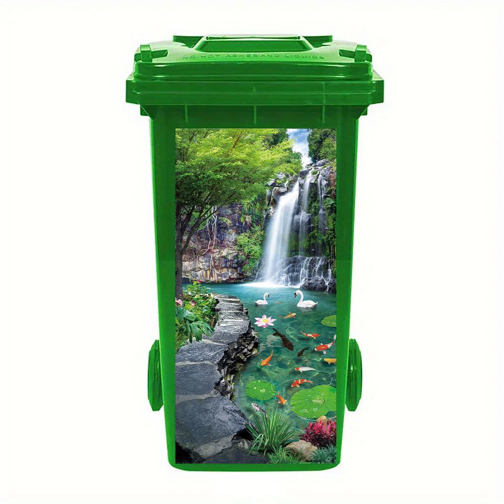 1 Pezzo Adesivo Pattumiera Alberi Verdi a Cascata Autoadesivo Paesaggio Naturale Decalcomania con Scene Vivaci di Foresta, Fiume e Funghi per Giardino Esterno