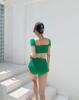 Women's High-Waisted Solid Color Bikini Swimsuit with Triangle Skirt Style