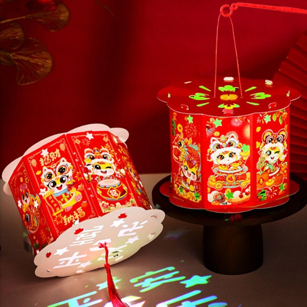 Cartoon Zodiac Horse Lantern with Tassel Handmade Spring Festival Lantern Blessing Words Projection Feature Handheld Lantern
