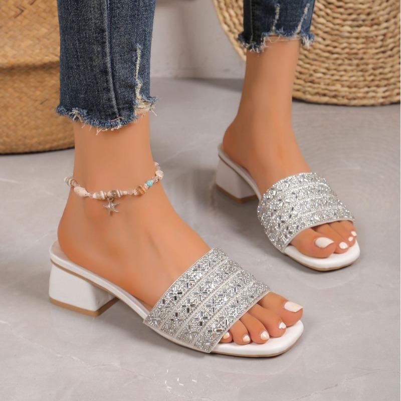 Women's European American Fashion One Strap Rhinestone High Heel Chunky Heel Slide Sandals