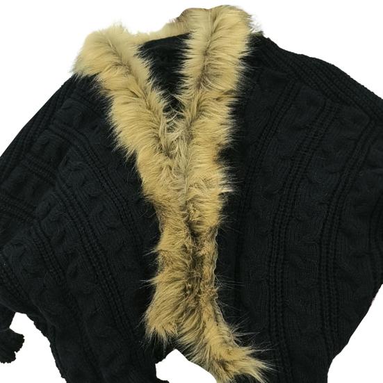 Damen Langarm Strickjacke Offen Vorne Zopfmuster Mantel mit Kunstfellkragen Winter Warm Oberbekleidung