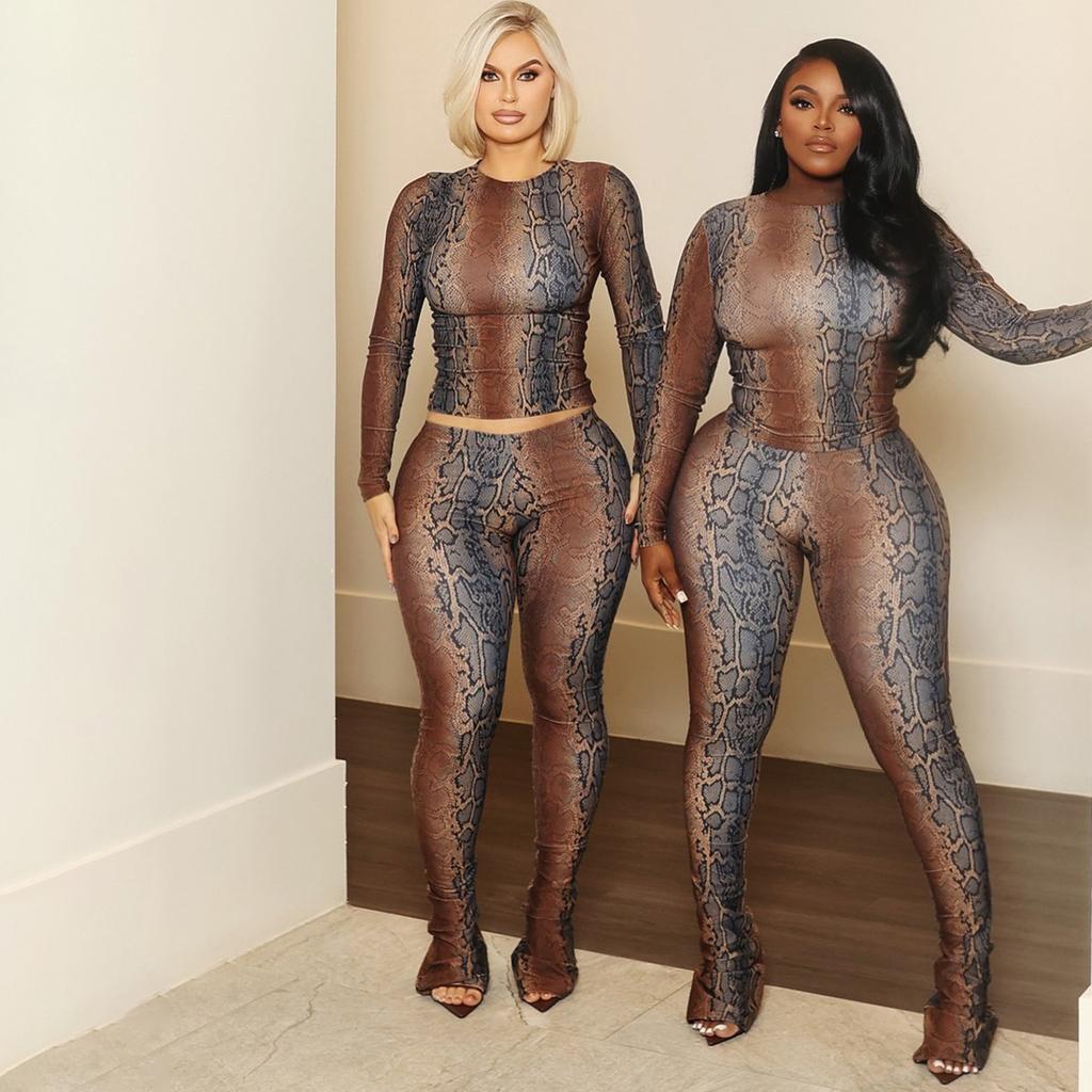 D9971 European and American Hot-selling Women's Clothing, Sexy Snake Print Long-sleeved Top, Micro-horn Trousers Set