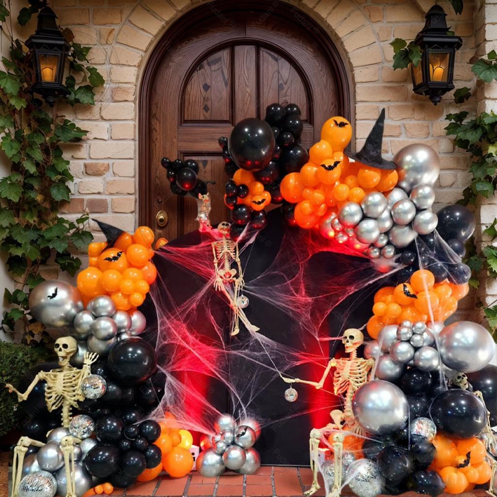 156pcs Halloween Balloons Garland Arch Kit Orange Black Silvery Balloons for Halloween Graduation Party Decorations Supplies