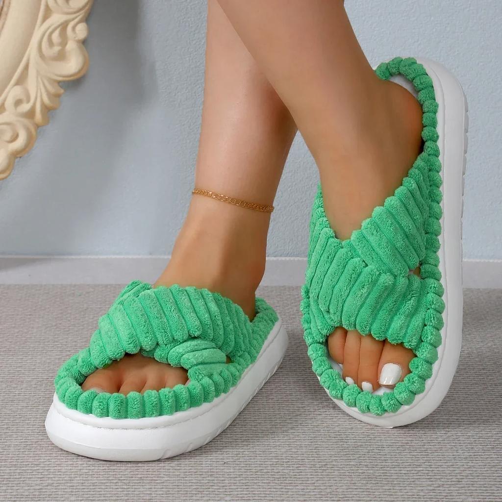 Fashion Autumn Winter Corduroy Home Slippers Women Cross Band Thick Soft Sole Slides Platform Shoes Female Non Slip Indoor Slippers