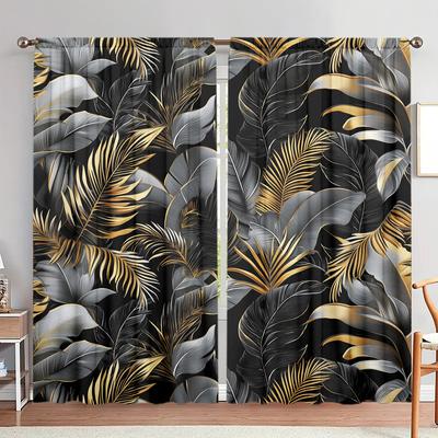 2pcs Luxurious Tropical Leaves Printed Curtain for Home Decor - Rod Pocket Window Treatment for Bedroom, Office, Kitchen