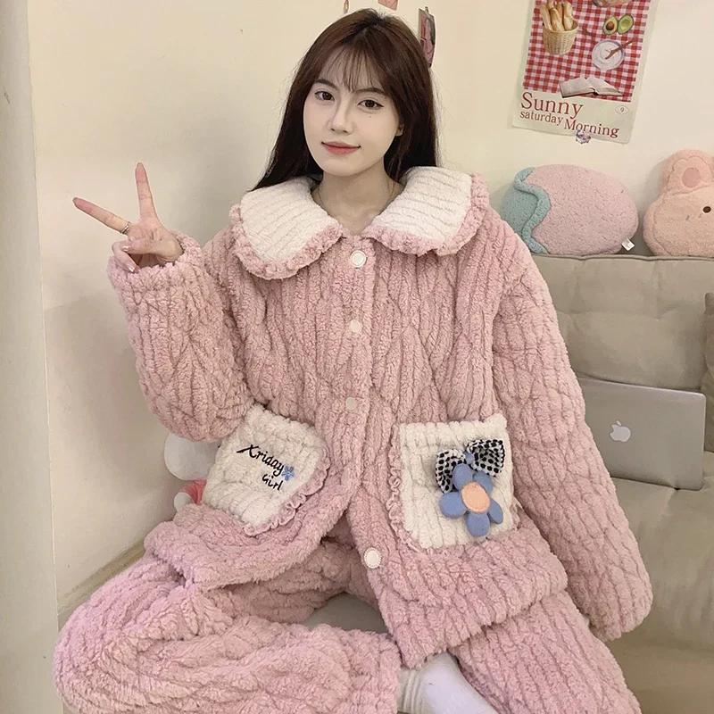 Winter Flannel Warm Nightwear for Young Girl Cardigan Lapel Pajamas Set Coral Fleece Warm Homewear Three-layer Pajamas Set