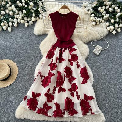 Autumn New Fashiion Knitted Splice Tulle-Panel One Piece Dress for Women Vintage Sleeveless Embroidered Flowers Slimming A-Line Midi Dress