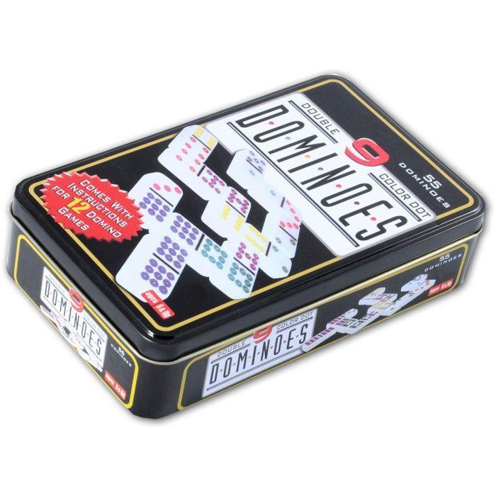 Jeu de dominos colorés double 9 - ENGELHART - Boîte en métal - 55 dominos - Règles incluses