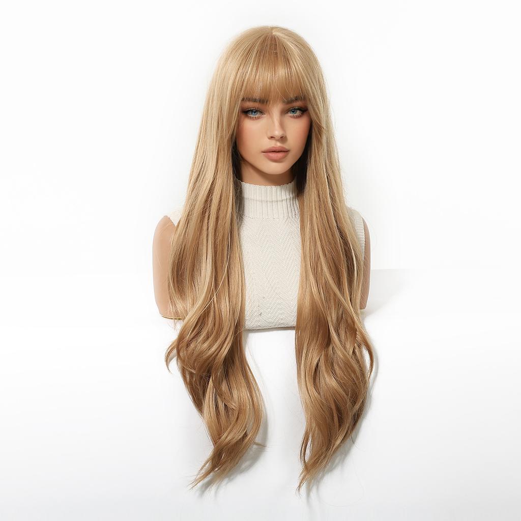 Long Golden Blonde Wave Synthetic Wigs with Bangs for Women Golden Brown Natural Cosplay Costume Daily Hair Wigs Heat Resistant