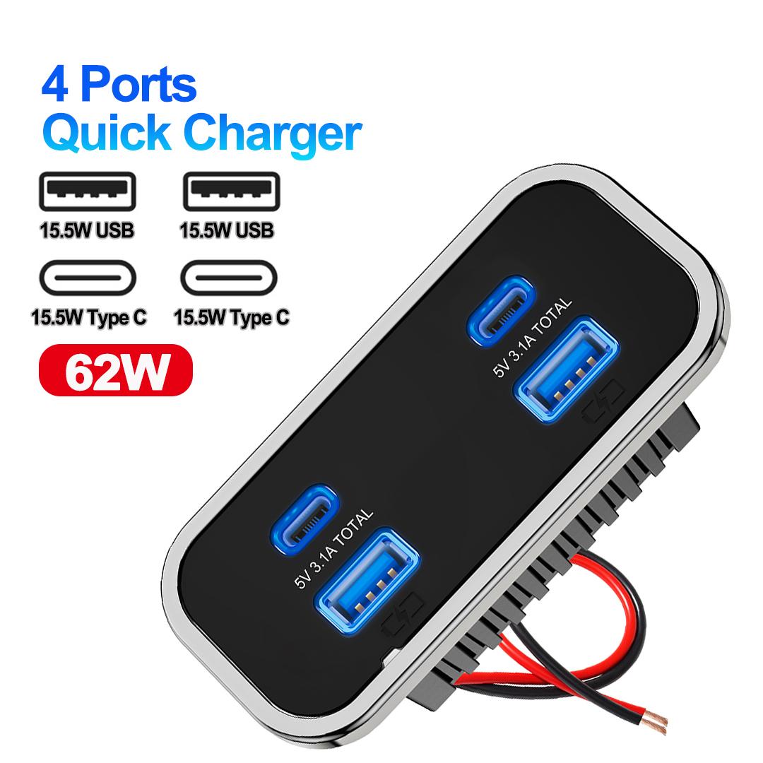 

Car Charger Dual USB Type-C 4 Ports Quick Charging Socket QC3.0+PD3.0 Power Adapter For SUV RV Camping Bus Marine