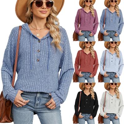 Autumn and Winter New Solid Color Hooded Button Versatile Style Solid Color Loose Long Sleeved Sweatshirt Women's Clothing