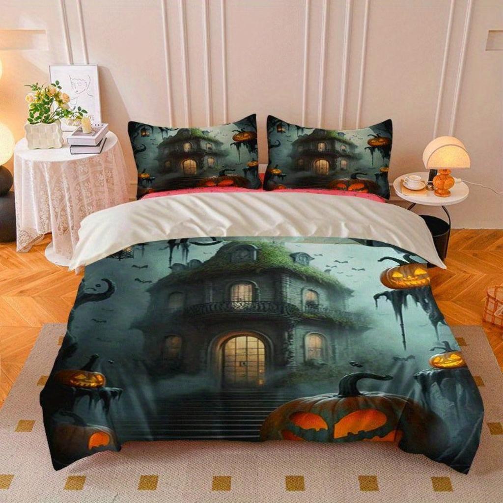 Horro Halloweenowy Zestaw Pościeli Dynia Drukowana Cyfrowo Miękka Przytulna Poszwa na Kołdrę Rozmiar King Queen Twin Single Prezent Urodzinowy Dekoracja Pokoju