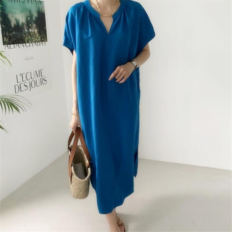 Loose cotton and linen short-sleeved dress temperament casual and thin V-neck skirt simple cotton and linen skirt S синий