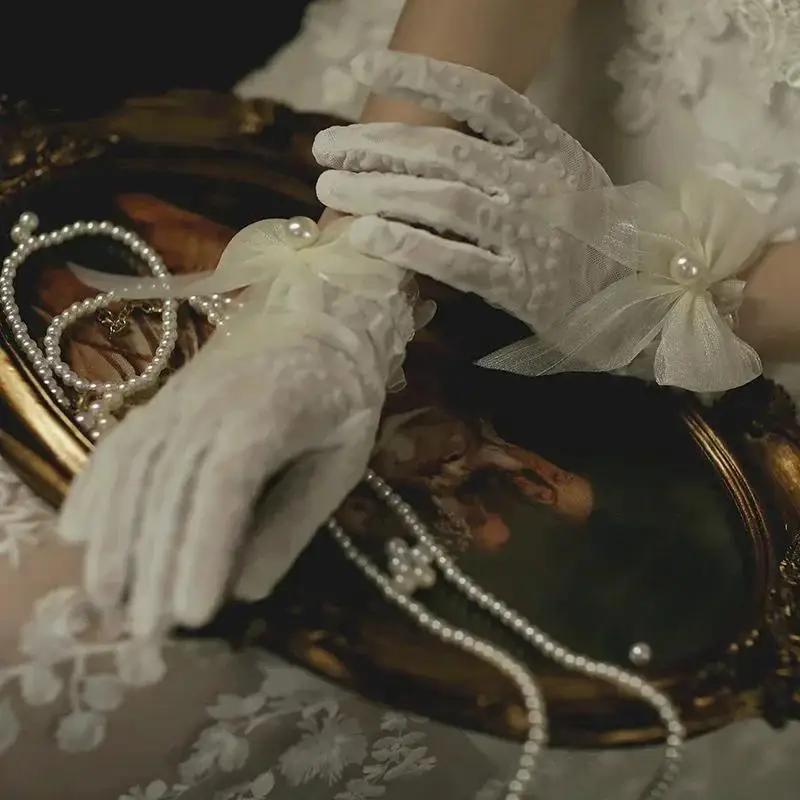 Women Wedding Bridal Short Gloves Net Full Finger See Through Beaded Bow Wrist Length Costume Prom Party Gloves Wedding Mittens