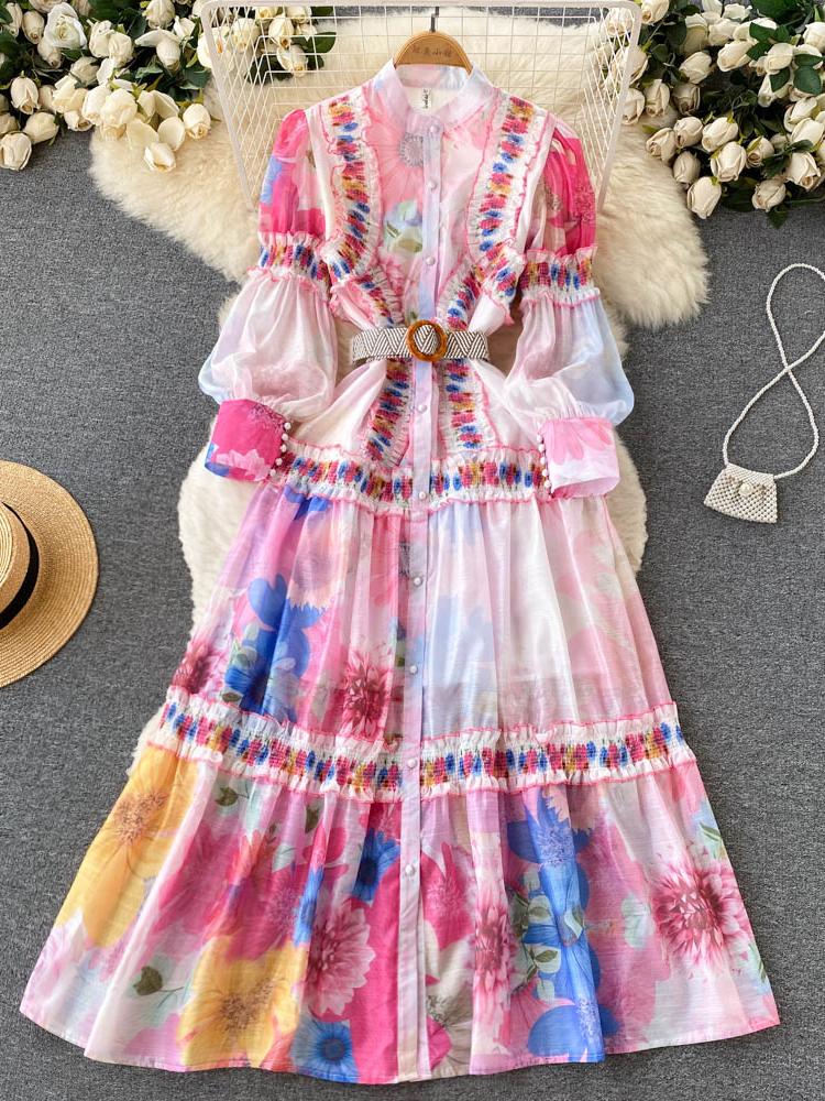 

Новое повседневное летнее тонкое пышное женское платье с цветочным принтом, однобортное женское платье с круглым вырезом и пуговицами