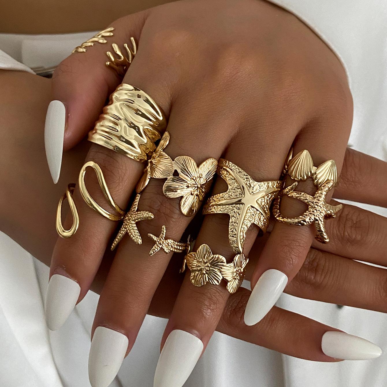 

Ingemark 9Pcs/Set Creative Irregular Flower Starfish Ring for Women Exquisite Open Adjustable Geometric Rings Party Jewelry Gift