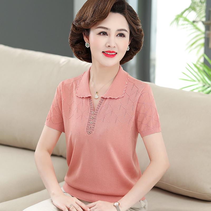 

Mom’s Elegant Ice Silk Summer Top for Middle-Aged Women - Short Sleeve 4XL (135-150 lbs) оранжевый/розовый