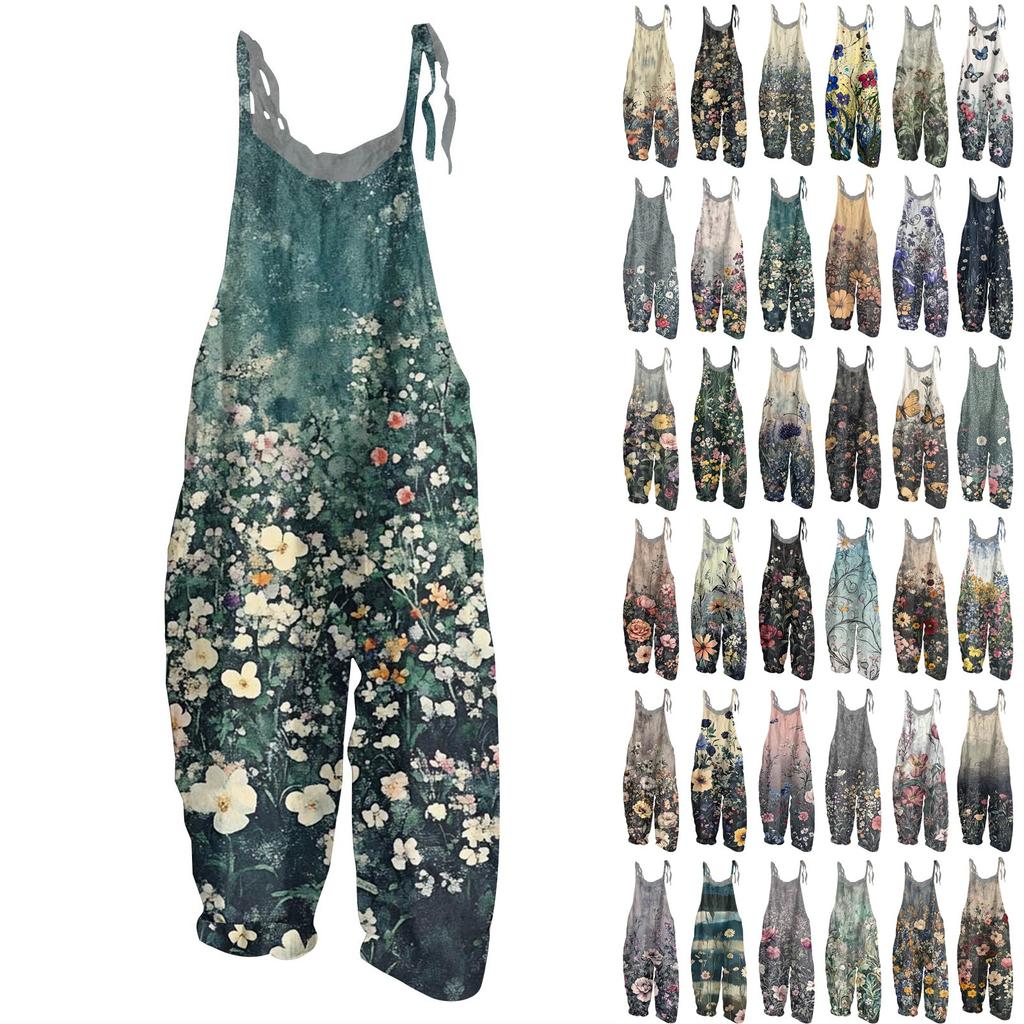 Women's Jumpsuit Floral Print Casual Loose Vintage Shoulder Strap Cotton Linen