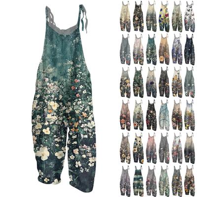 Γυναικεία ολόσωμη φόρμα με floral στάμπα Casual Loose Vintage λουράκι ώμου Βαμβακερό λινό