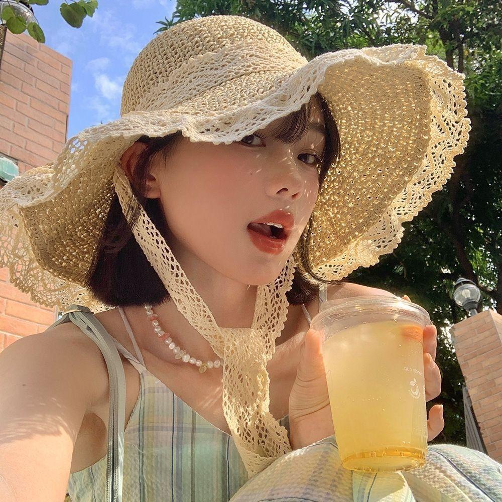 Pastoral Style Big Brim Sun Hat Lace UV Protection Cap Foldable Women Straw Hat  Female