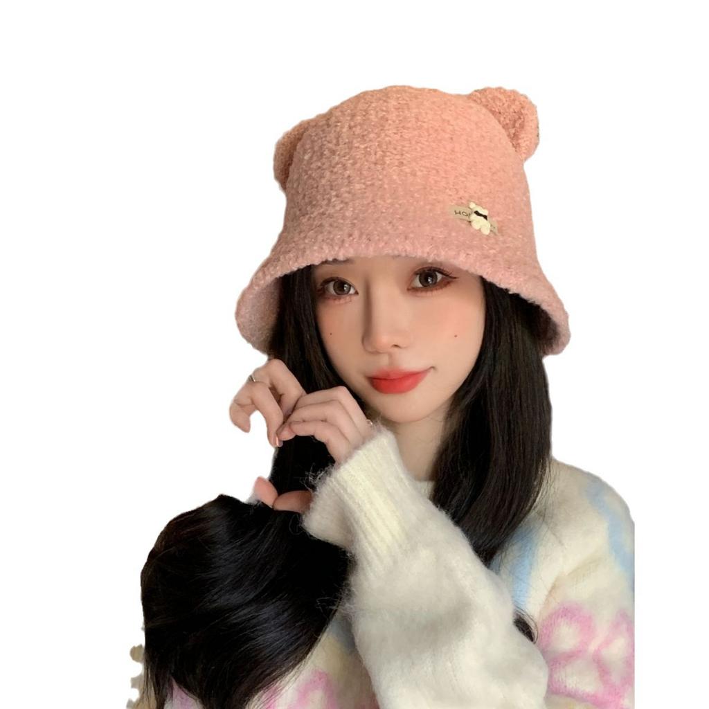 New Autumn and Winter Hat for Women Cute Little Bear Imitation Lamb Velvet Fisherman Hat Warm In Winter To Show The Face Small Pot Hat Trendy
