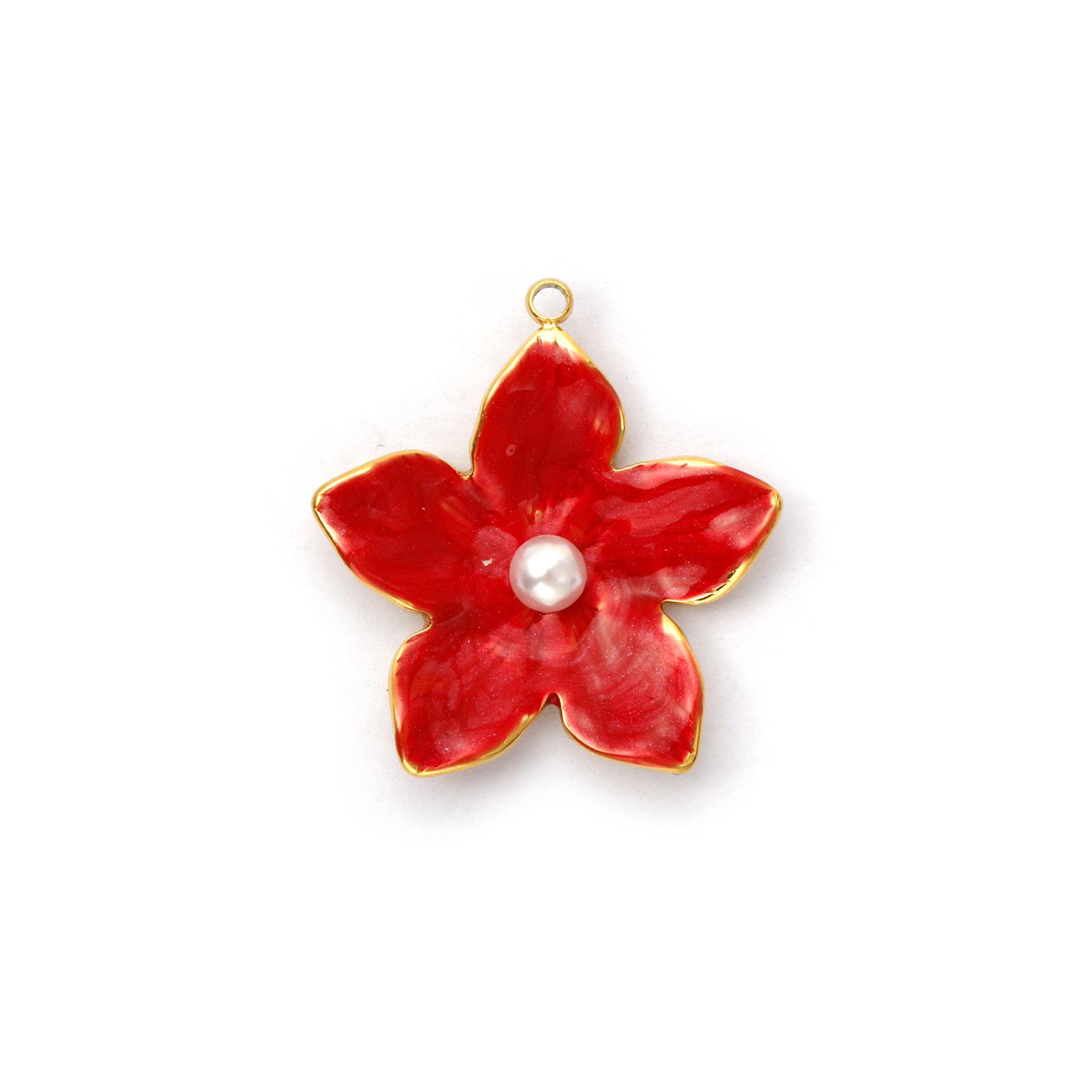 

1 Piece 304 Stainless Steel Charms 18K Gold Plated Enamel Flower Acrylic Imitation Pearl Pendant For DIY Neckalce 25mm x 23mm червоний