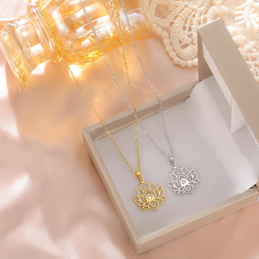 Dreamtimes Lotus Flower Charm Necklace for Women Yoga Protection Pendant Necklace Stainless Steel Healing Symbol Amulet Jewelry