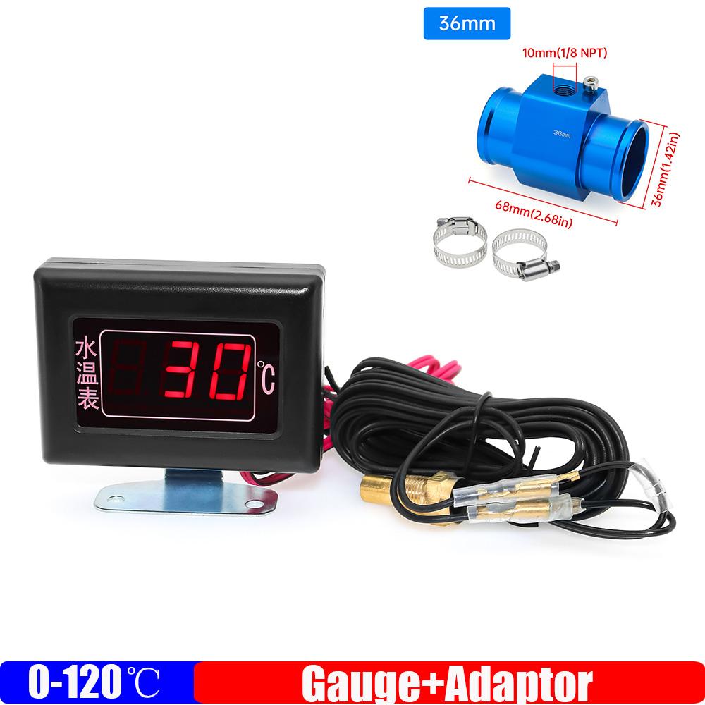 ZMFJH Mini 0-120 Celsius Digital Water Temperature Gauges with Flashing Alarm+Temp Adaptor 26-40mm Red LED for Car Truck 12V 24V